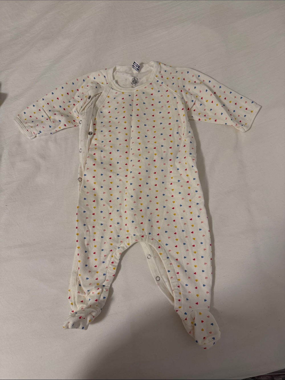 Petit Bateau White Footed One-Piece with Multicolor Heart Print - 6M